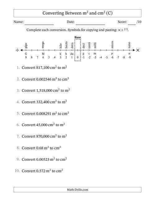 The Converting Between Square Meters and Square Centimeters (U.S./U.K. Number Format) (C) Math Worksheet