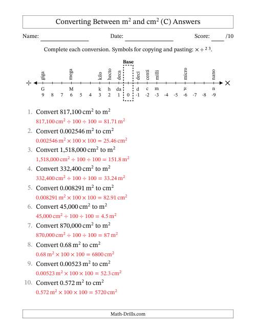 The Converting Between Square Meters and Square Centimeters (U.S./U.K. Number Format) (C) Math Worksheet Page 2