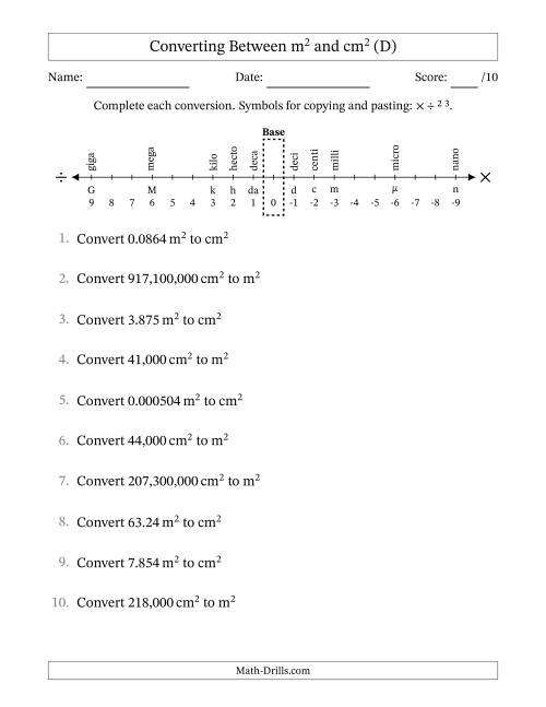 The Converting Between Square Meters and Square Centimeters (U.S./U.K. Number Format) (D) Math Worksheet