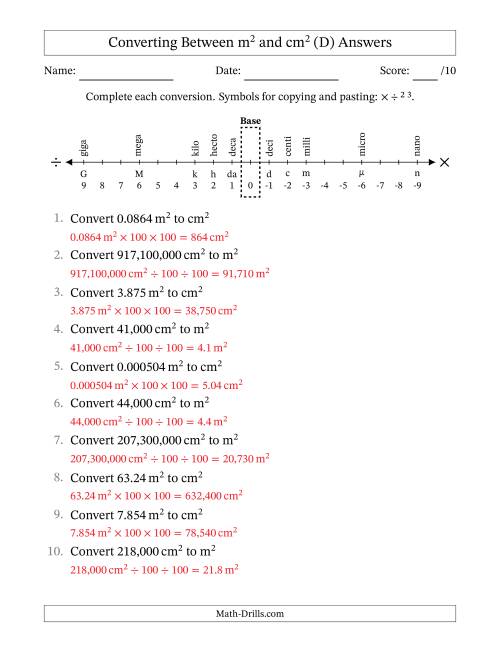The Converting Between Square Meters and Square Centimeters (U.S./U.K. Number Format) (D) Math Worksheet Page 2