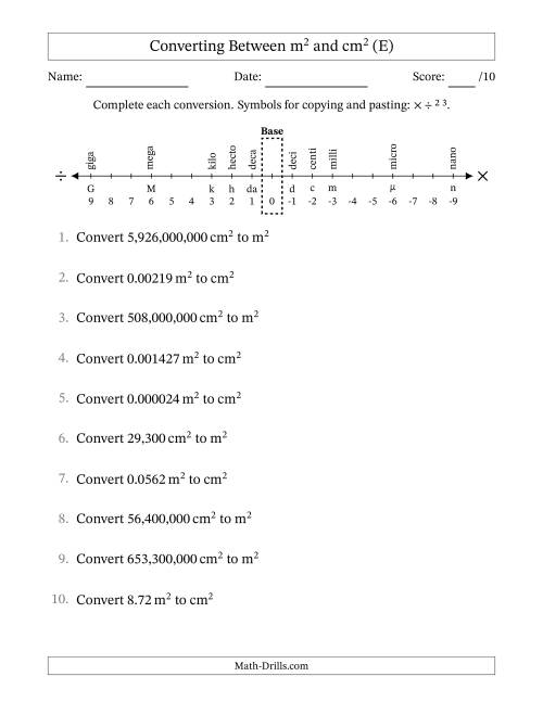 The Converting Between Square Meters and Square Centimeters (U.S./U.K. Number Format) (E) Math Worksheet