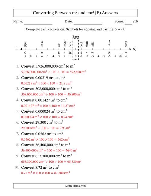 The Converting Between Square Meters and Square Centimeters (U.S./U.K. Number Format) (E) Math Worksheet Page 2