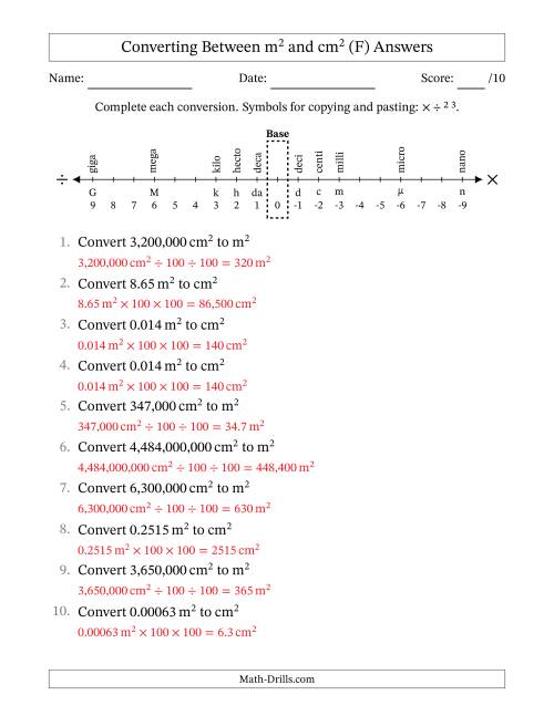 The Converting Between Square Meters and Square Centimeters (U.S./U.K. Number Format) (F) Math Worksheet Page 2