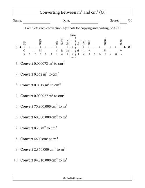The Converting Between Square Meters and Square Centimeters (U.S./U.K. Number Format) (G) Math Worksheet