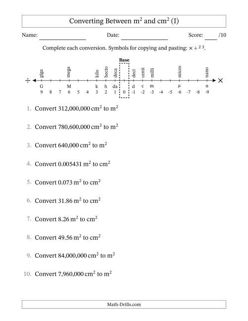 The Converting Between Square Meters and Square Centimeters (U.S./U.K. Number Format) (I) Math Worksheet