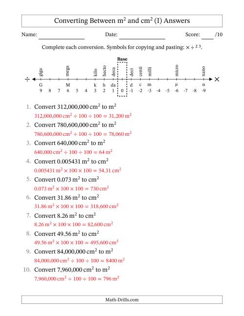 The Converting Between Square Meters and Square Centimeters (U.S./U.K. Number Format) (I) Math Worksheet Page 2