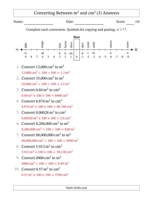 The Converting Between Square Meters and Square Centimeters (U.S./U.K. Number Format) (J) Math Worksheet Page 2