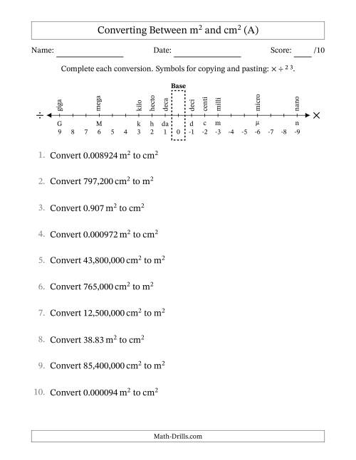 The Converting Between Square Meters and Square Centimeters (U.S./U.K. Number Format) (All) Math Worksheet