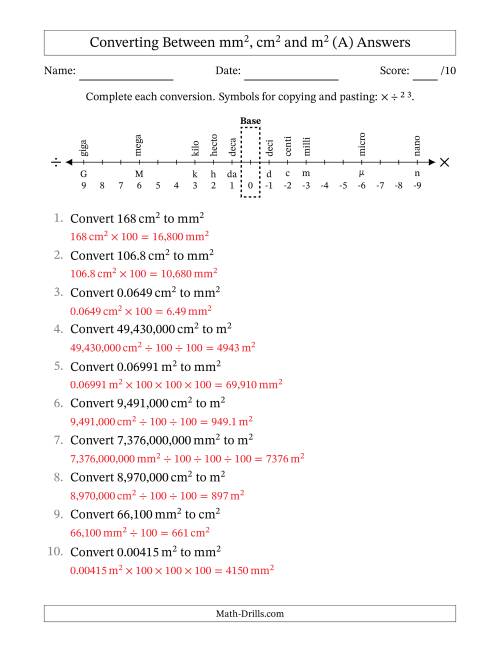 The Converting Between Square Meters, Square Centimeters and Square Millimeters (U.S./U.K. Number Format) (A) Math Worksheet Page 2