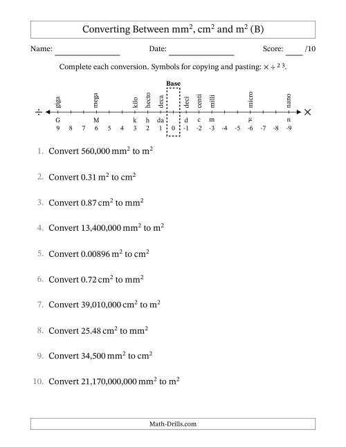 The Converting Between Square Meters, Square Centimeters and Square Millimeters (U.S./U.K. Number Format) (B) Math Worksheet