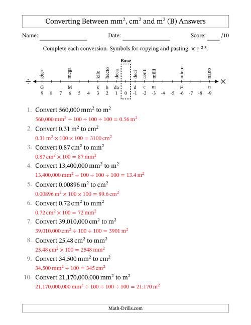 The Converting Between Square Meters, Square Centimeters and Square Millimeters (U.S./U.K. Number Format) (B) Math Worksheet Page 2