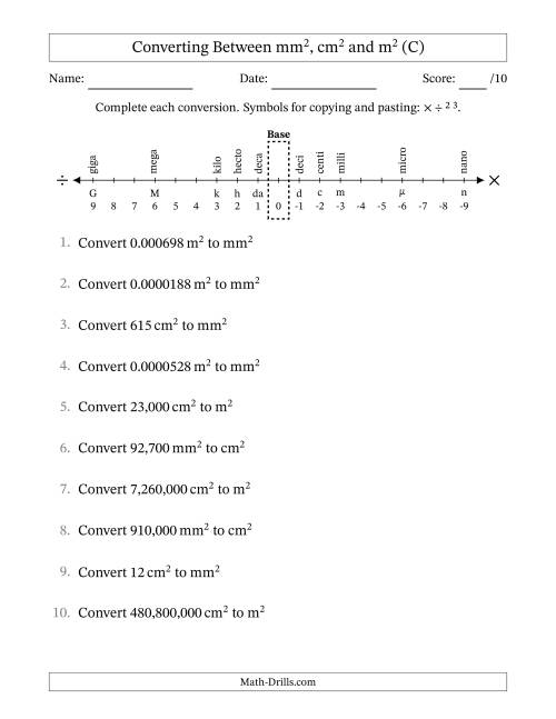 The Converting Between Square Meters, Square Centimeters and Square Millimeters (U.S./U.K. Number Format) (C) Math Worksheet