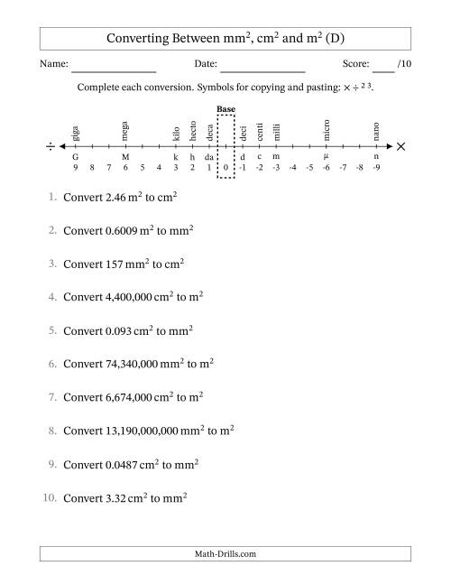 The Converting Between Square Meters, Square Centimeters and Square Millimeters (U.S./U.K. Number Format) (D) Math Worksheet