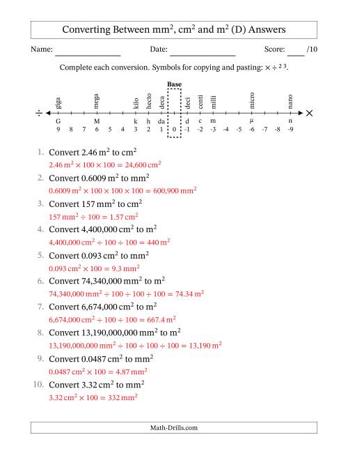The Converting Between Square Meters, Square Centimeters and Square Millimeters (U.S./U.K. Number Format) (D) Math Worksheet Page 2