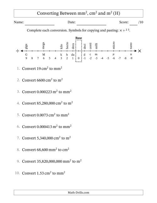The Converting Between Square Meters, Square Centimeters and Square Millimeters (U.S./U.K. Number Format) (H) Math Worksheet