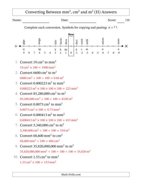 The Converting Between Square Meters, Square Centimeters and Square Millimeters (U.S./U.K. Number Format) (H) Math Worksheet Page 2