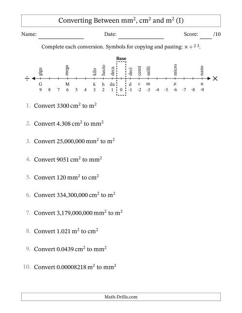 The Converting Between Square Meters, Square Centimeters and Square Millimeters (U.S./U.K. Number Format) (I) Math Worksheet