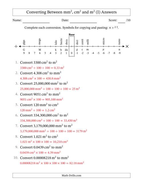 The Converting Between Square Meters, Square Centimeters and Square Millimeters (U.S./U.K. Number Format) (I) Math Worksheet Page 2