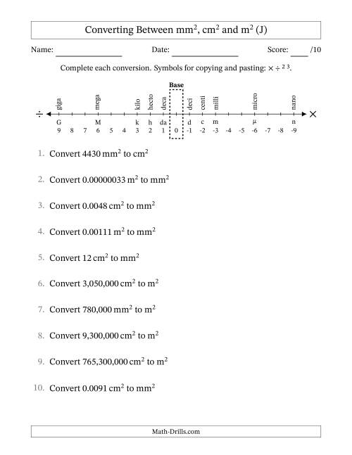 The Converting Between Square Meters, Square Centimeters and Square Millimeters (U.S./U.K. Number Format) (J) Math Worksheet