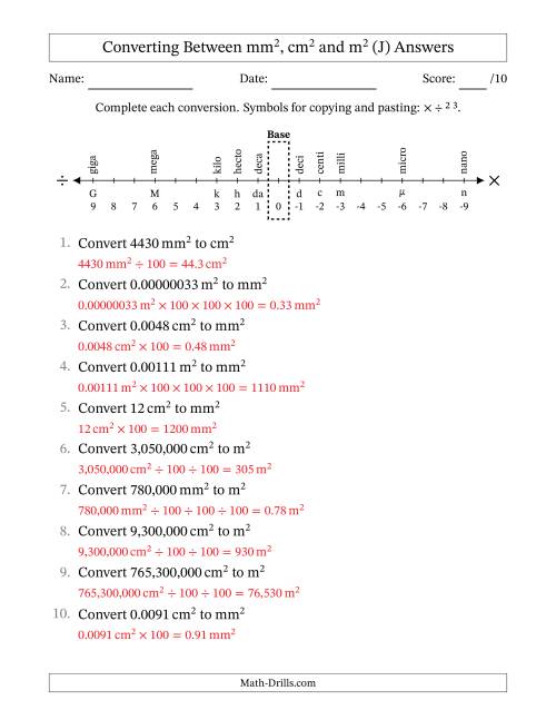 The Converting Between Square Meters, Square Centimeters and Square Millimeters (U.S./U.K. Number Format) (J) Math Worksheet Page 2