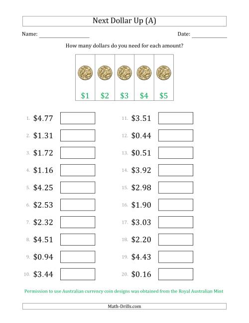 The Next Dollar Up Strategy with Amounts to $5 (Australia) (A) Math Worksheet