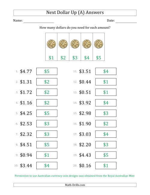 The Next Dollar Up Strategy with Amounts to $5 (Australia) (A) Math Worksheet Page 2