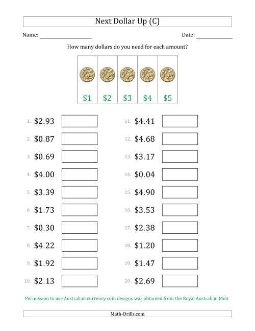 The Next Dollar Up Strategy with Amounts to $5 (Australia) (C) Math Worksheet