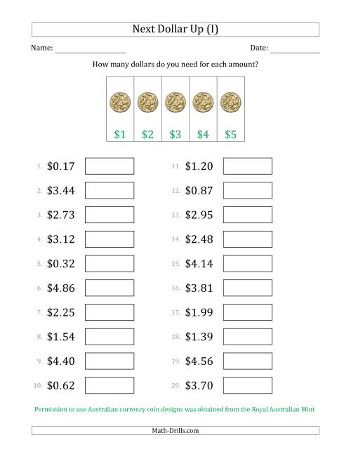 The Next Dollar Up Strategy with Amounts to $5 (Australia) (I) Math Worksheet