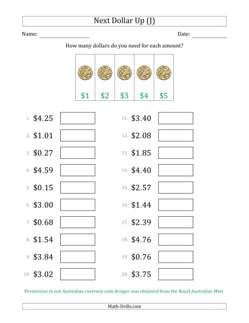 The Next Dollar Up Strategy with Amounts to $5 (Australia) (J) Math Worksheet