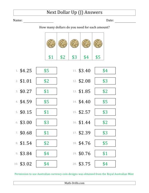 The Next Dollar Up Strategy with Amounts to $5 (Australia) (J) Math Worksheet Page 2