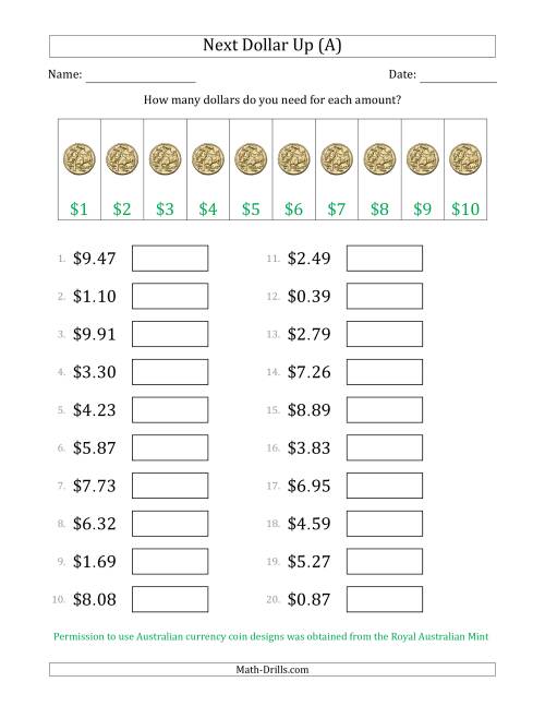 The Next Dollar Up Strategy with Amounts to $10 (Australia) (A) Math Worksheet
