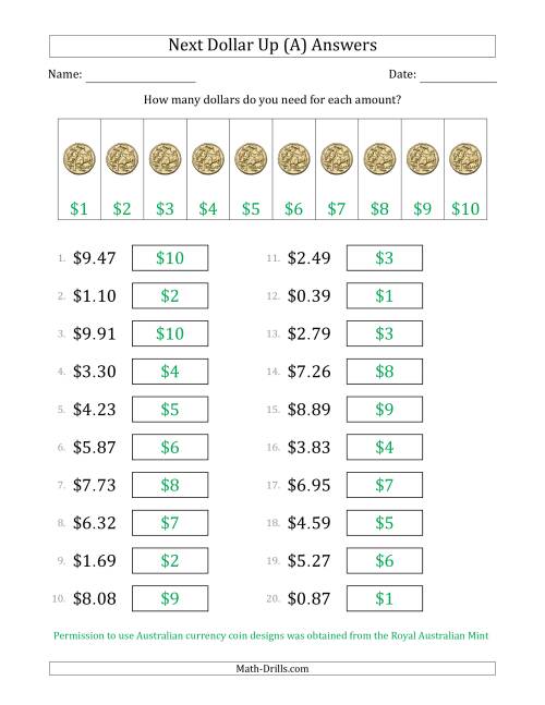 The Next Dollar Up Strategy with Amounts to $10 (Australia) (A) Math Worksheet Page 2