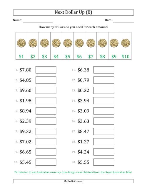 The Next Dollar Up Strategy with Amounts to $10 (Australia) (B) Math Worksheet