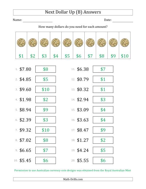 The Next Dollar Up Strategy with Amounts to $10 (Australia) (B) Math Worksheet Page 2