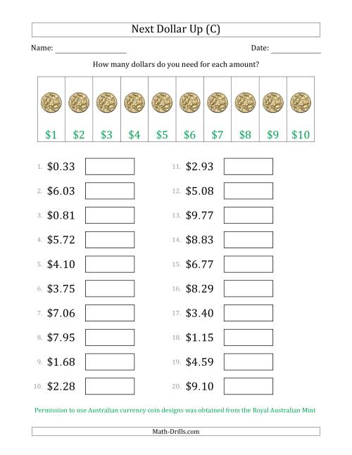 The Next Dollar Up Strategy with Amounts to $10 (Australia) (C) Math Worksheet