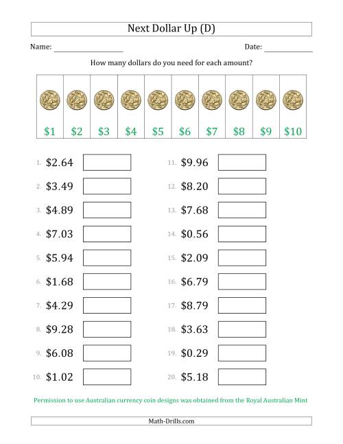 The Next Dollar Up Strategy with Amounts to $10 (Australia) (D) Math Worksheet