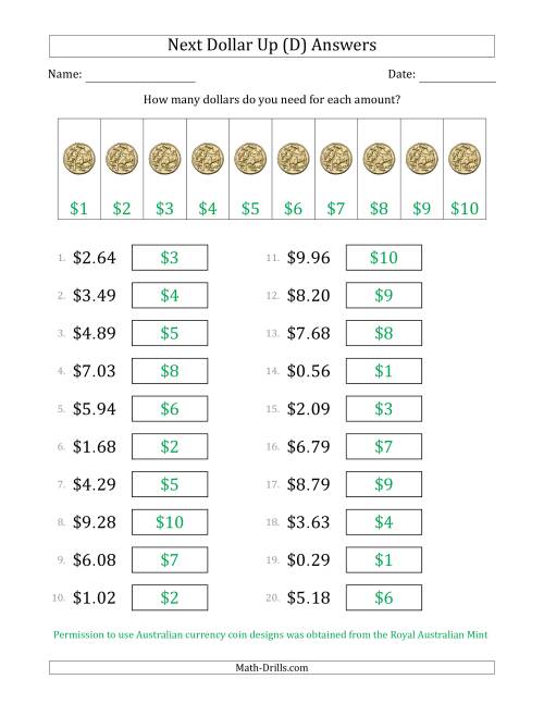 The Next Dollar Up Strategy with Amounts to $10 (Australia) (D) Math Worksheet Page 2