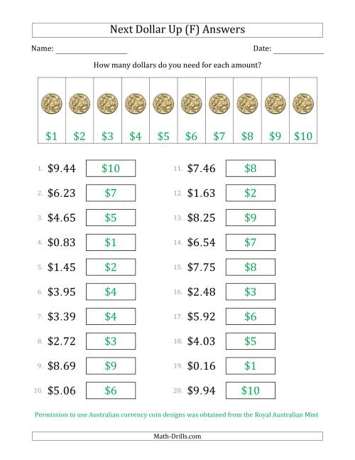The Next Dollar Up Strategy with Amounts to $10 (Australia) (F) Math Worksheet Page 2
