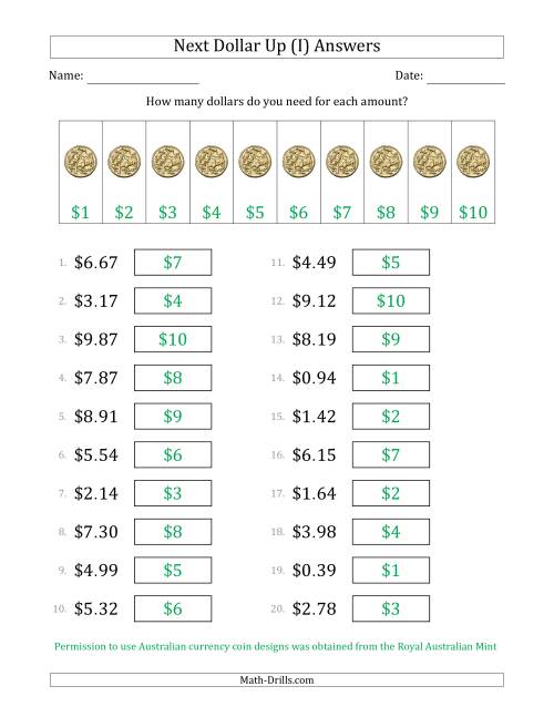 The Next Dollar Up Strategy with Amounts to $10 (Australia) (I) Math Worksheet Page 2