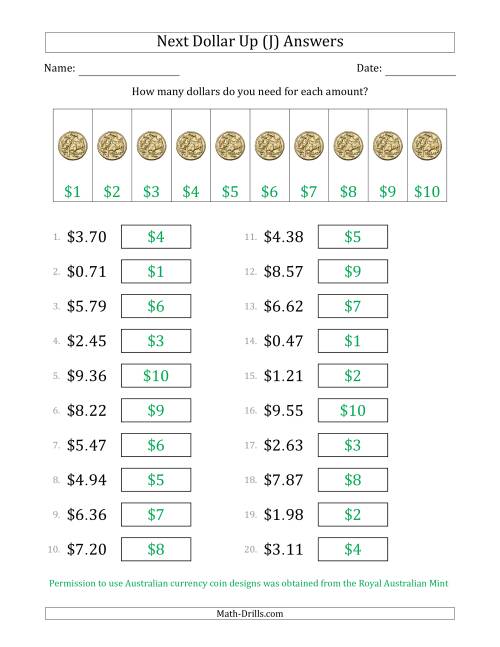 The Next Dollar Up Strategy with Amounts to $10 (Australia) (J) Math Worksheet Page 2