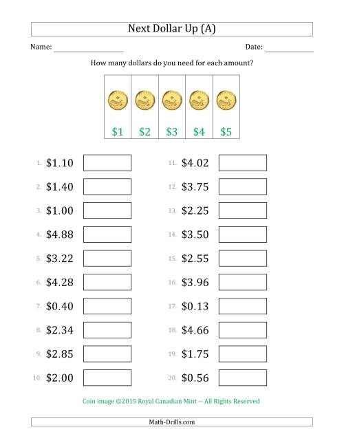 The Next Dollar Up Strategy with Amounts to $5 (Canada) (A) Math Worksheet