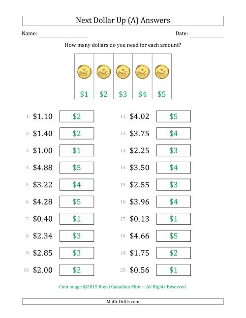 The Next Dollar Up Strategy with Amounts to $5 (Canada) (A) Math Worksheet Page 2