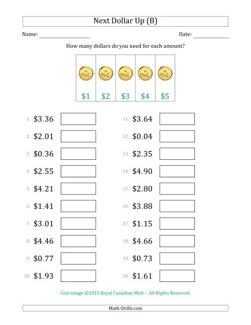 The Next Dollar Up Strategy with Amounts to $5 (Canada) (B) Math Worksheet