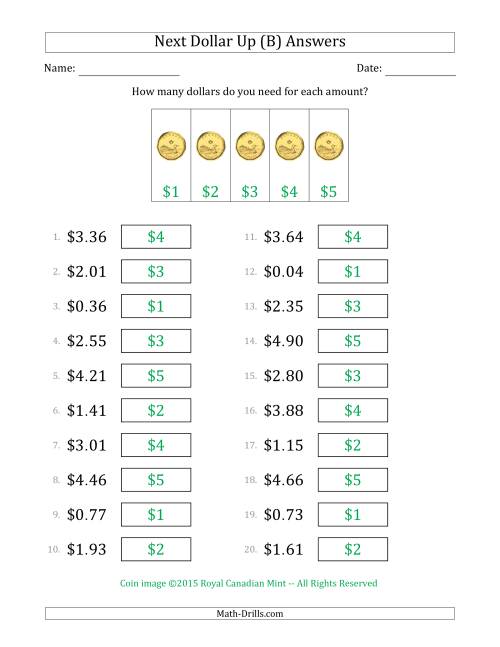 The Next Dollar Up Strategy with Amounts to $5 (Canada) (B) Math Worksheet Page 2