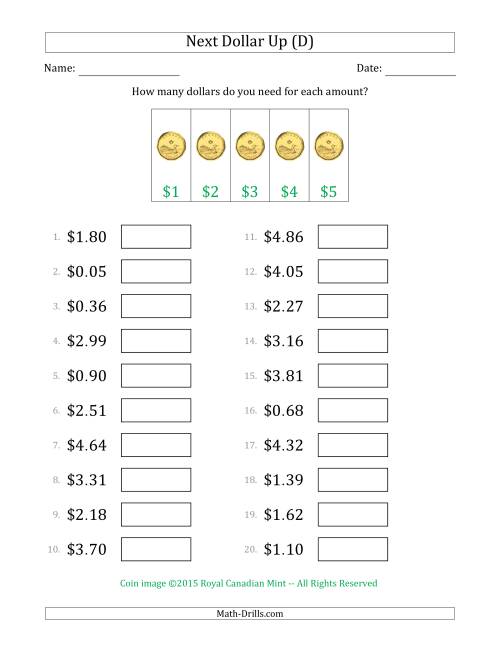 The Next Dollar Up Strategy with Amounts to $5 (Canada) (D) Math Worksheet