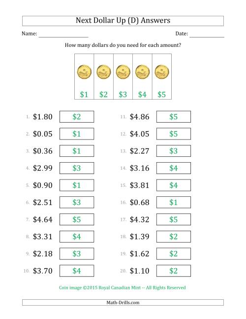 The Next Dollar Up Strategy with Amounts to $5 (Canada) (D) Math Worksheet Page 2