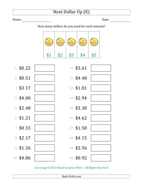 The Next Dollar Up Strategy with Amounts to $5 (Canada) (E) Math Worksheet
