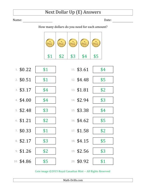 The Next Dollar Up Strategy with Amounts to $5 (Canada) (E) Math Worksheet Page 2