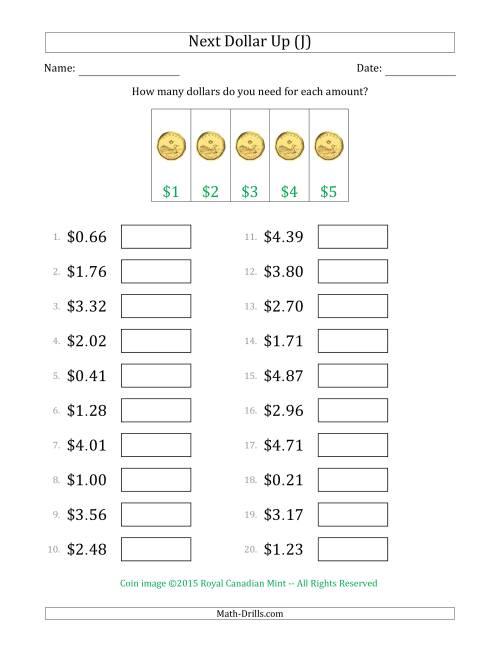 The Next Dollar Up Strategy with Amounts to $5 (Canada) (J) Math Worksheet