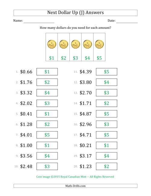 The Next Dollar Up Strategy with Amounts to $5 (Canada) (J) Math Worksheet Page 2